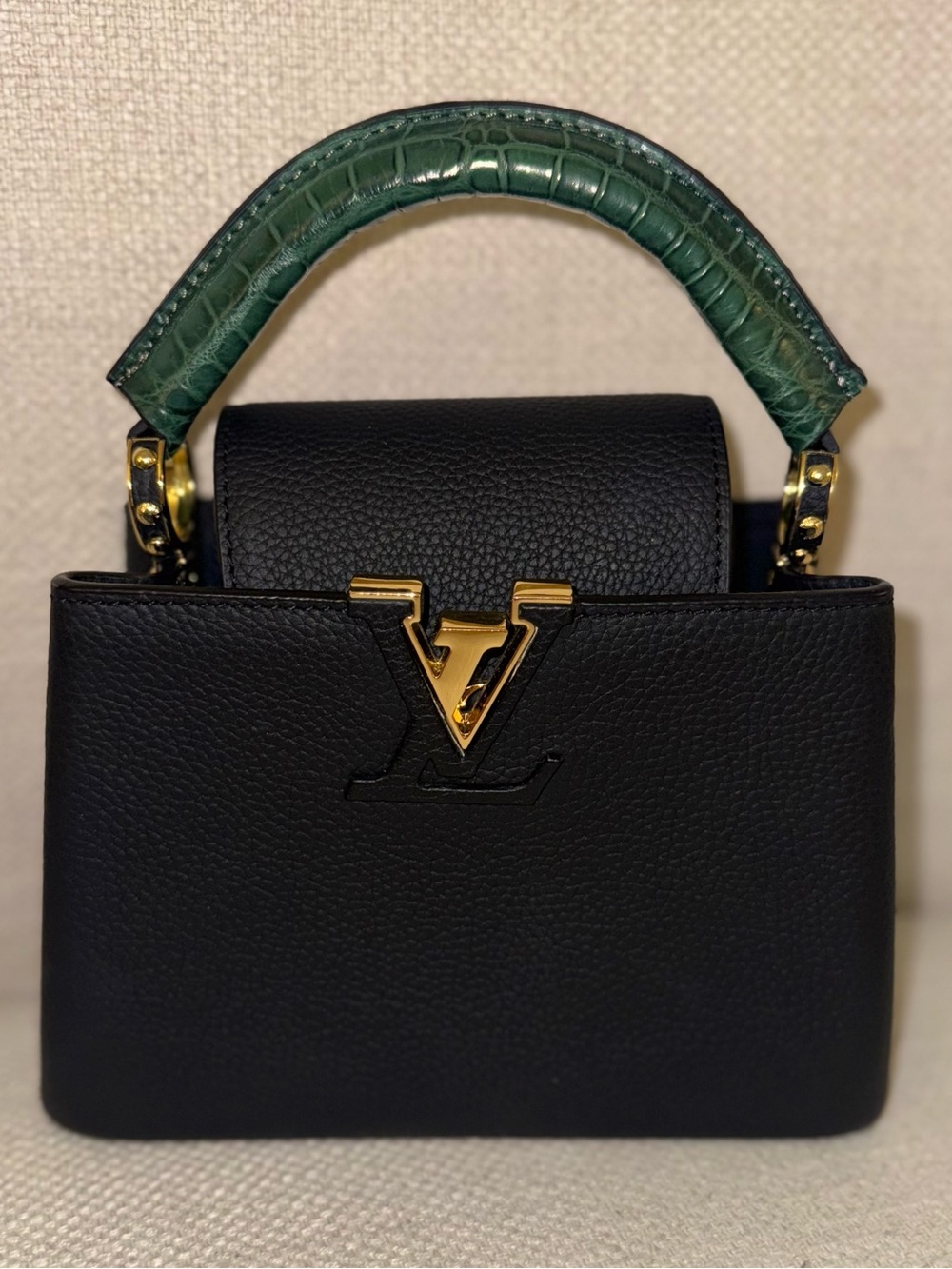 Louis Vuitton Black Mini Top-Handle Bag with Green Croc Handle and Gold Hardware